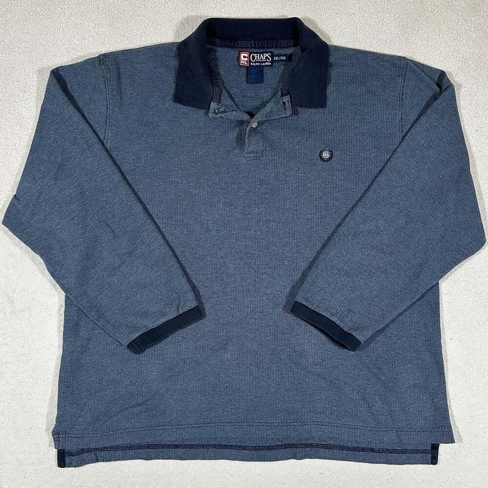 Chaps Ralph Lauren XXL Blue Herringbone Long Sleeve Polo Shirt Vintage Preppy